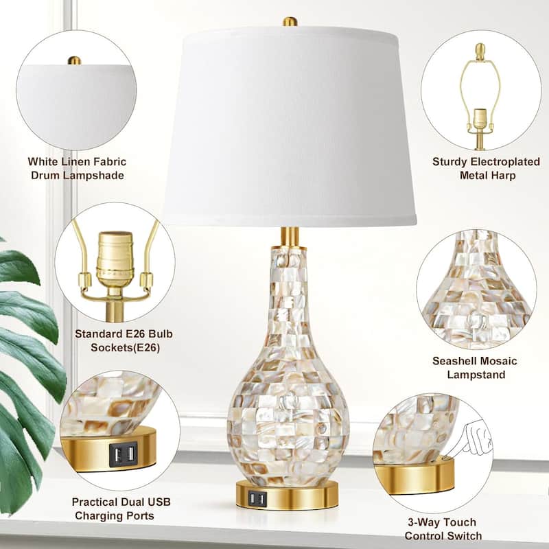 Modern Coastal Style Bedside Table Lamp with USB Port, 2700K LED Bulb (Set of 2)
