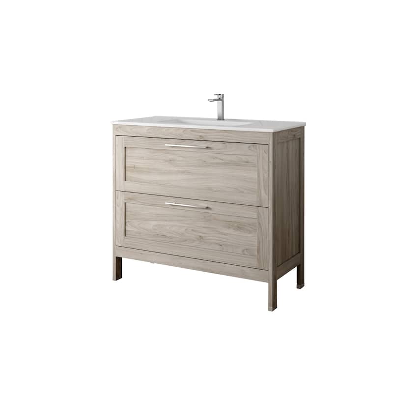 HomeRoots 40" Natural Wood Freestanding Bathroom Vanity With White Sink And Two Drawers - 40.00 in. x 35.06 in. x 17.75 in.