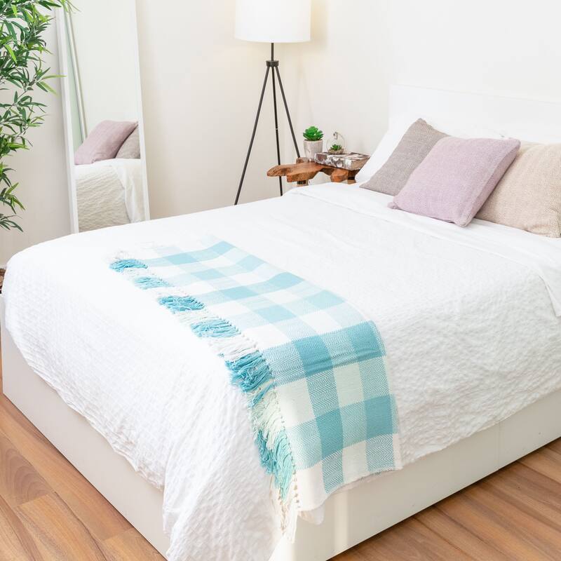 Fabstyles Herringbone Checkered Cotton Throw Blanket with Fringes