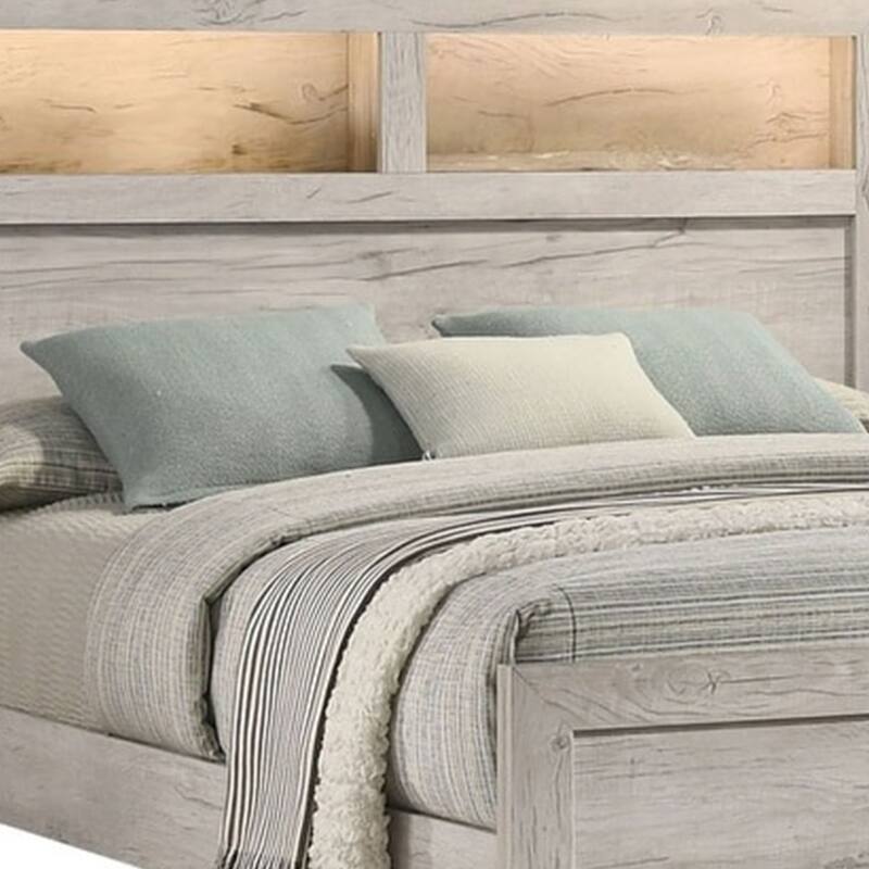 Miot King Size Bed w Headboard Shelves, Weathered White Wash Tone