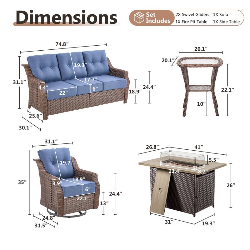 Artisan Brown Wicker Patio Fire Pit Conversation Set with 3-Seat Sofa & Swivel Gliders