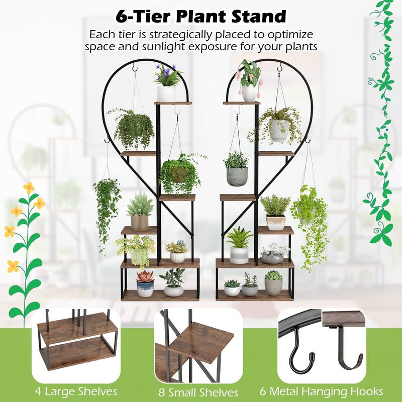 Gymax 6-Tier Metal Plant Stand w/12 Boards 6 Hanging Hooks Tall
