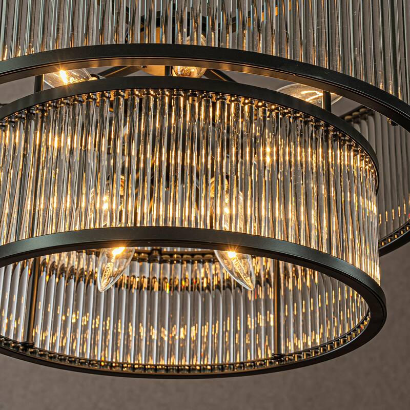 CraftHome Modern Glam Antique Bronze/Matte Black Glass Drum Flush Mount Contemporary Ceiling Light For Living Room Dining Room