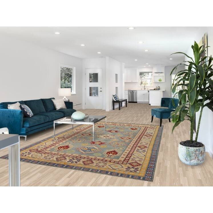 Geometric Kazak Area Rug Handmade Oriental Blue Wool Carpet - 6'7" x 9'10"