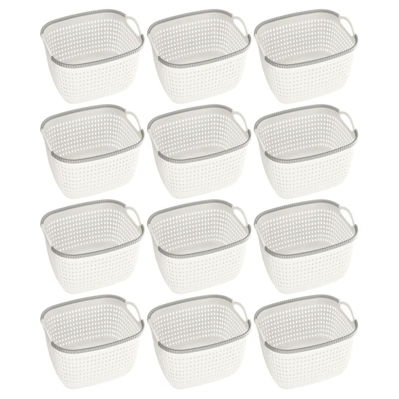 Rattan Plastic Weave Basket, Storage Bins Organizer for Closet, Shelf, Kitchen, Pantry and Bathroom -Ideal for Makeup, Cosmetics - White - Set of 12