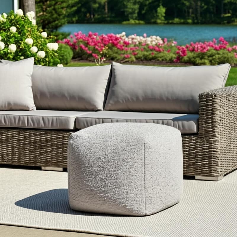 HomeRoots 18" Gray Polyester Cube Outdoor Pouf Ottoman - Grey