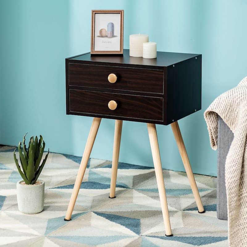 Costway Mid Century Modern 2 Drawers Nightstand Sofa Side Table End - See Details