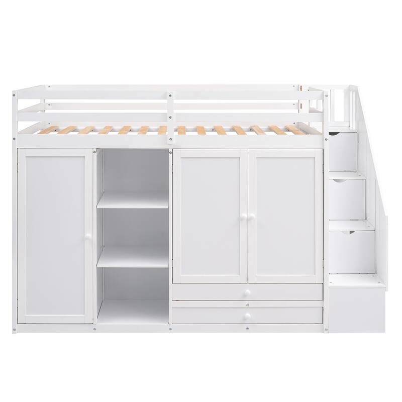 Space-Saving Loft Bed with Shelves, Wardrobes, Drawers, and Storage Ladder, White