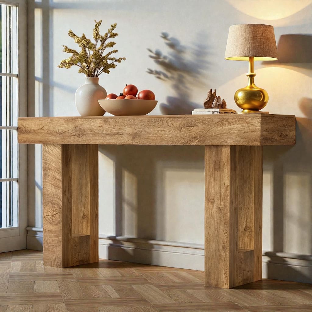63 Inch Farmhouse Console Table, Rustic Entryway Table with Storage, Natural Wood Grain Sofa Table for Hallway & Living Room