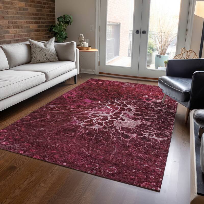 Machine Washable Indoor/ Outdoor Chantille Modern Floral Rug - Merlot - 9' x 12'