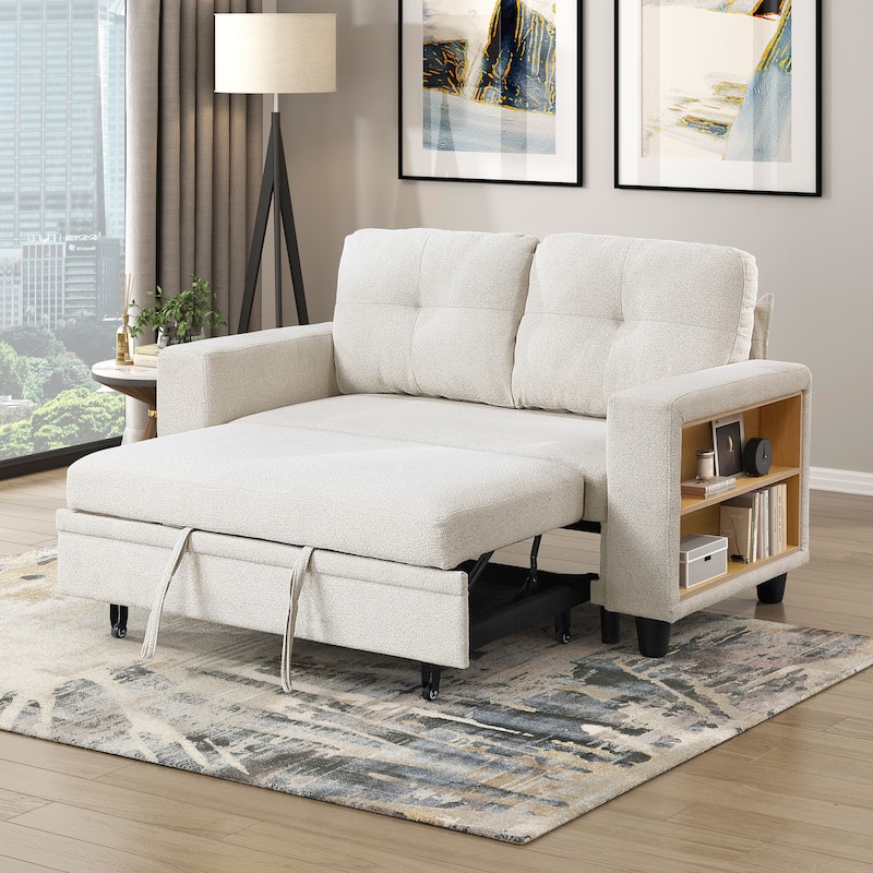 Hazel 56.5" Boucle 2-Seater Loveseat - Pull-out Bed, Shelves, USB Port
