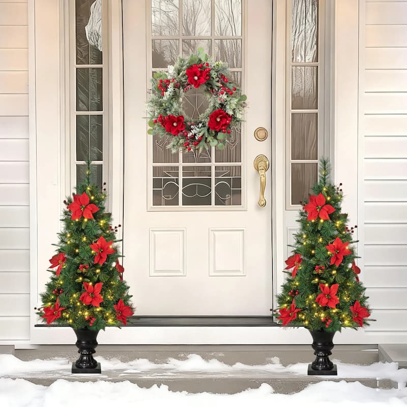 Glitzhome Christmas Artificial Plant Set, Red Mangnolia Wreath, Garland, and Set of 2 Entrance Potted Trees with LED Lights