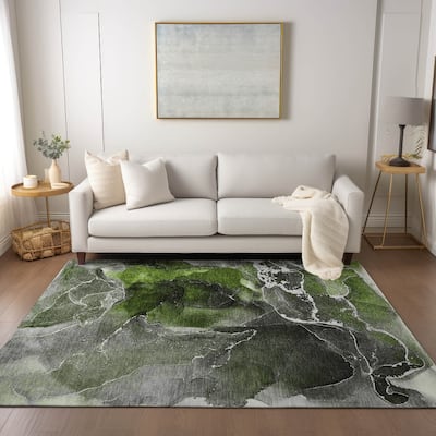 Machine Washable Indoor/ Outdoor Chantille Abstract Green Rug