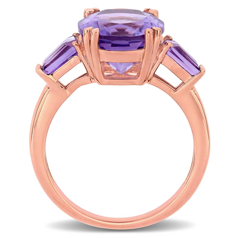 Oval and Taper-Cut Amethyst 3-Stone Ring in 14k Rose Gold by Miadora