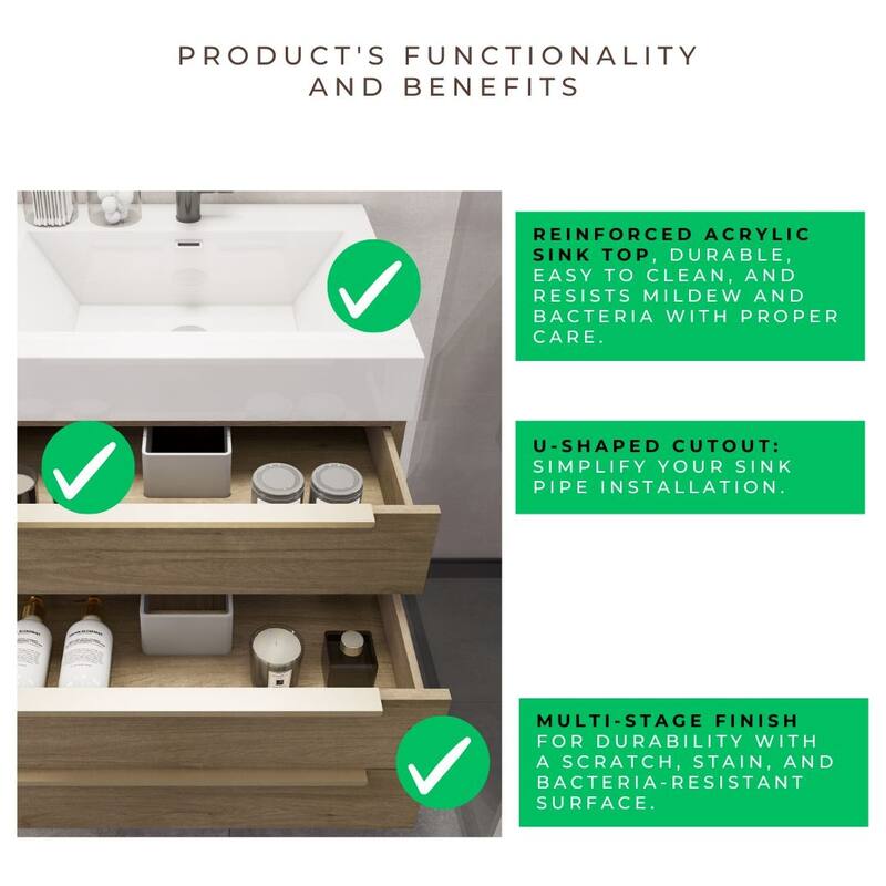 Noble 36" Wall Mounting Vanity (L Drawer) with Reinforced Acrylic Sink