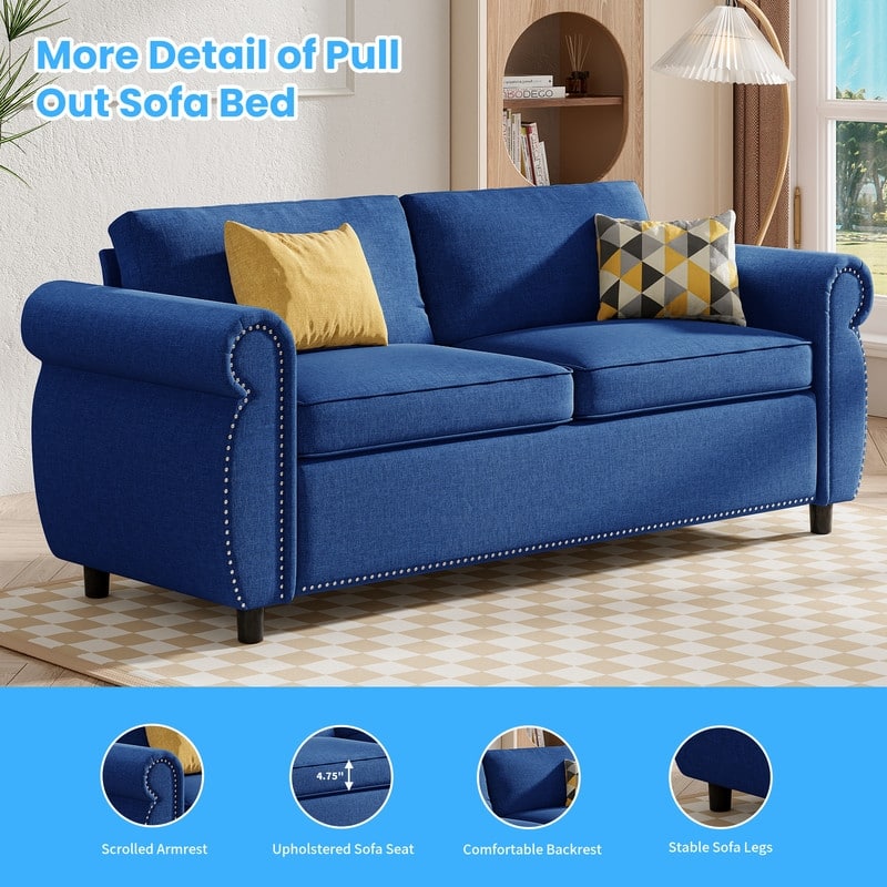 Mixoy Full/Queen Size Pull Out 2 in 1 Sleeper Sofa Bed with Mattress,Convertible Upholstered Loveseat with Nailhead