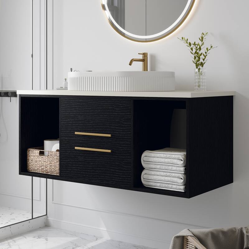 39.4"Wall-Mounted Bathroom Vanity with Ceramic Sink Floating Vanity Multi-Layer Cabinet Soft-Close Drawers Open Shelf Storage