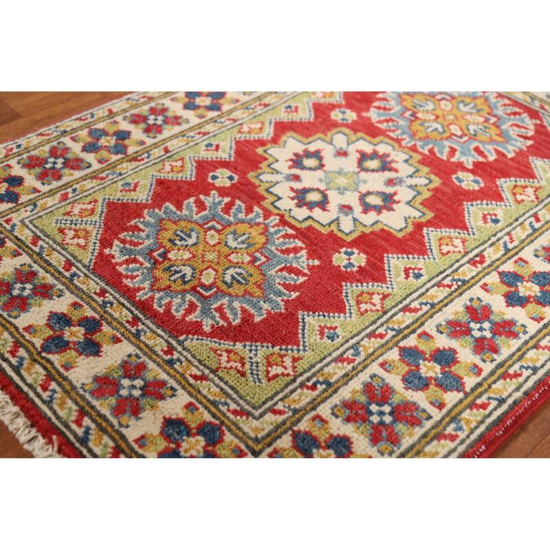 Geometric Kazak Oriental Foyer Rug Hand-Knotted Red Wool Carpet - 2'0"x 3'0"