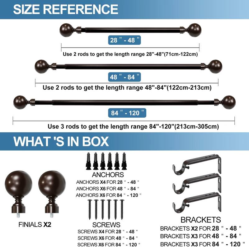 1-inch Diameter Steel Ball Adjustable Single Drapery Curtain Rod