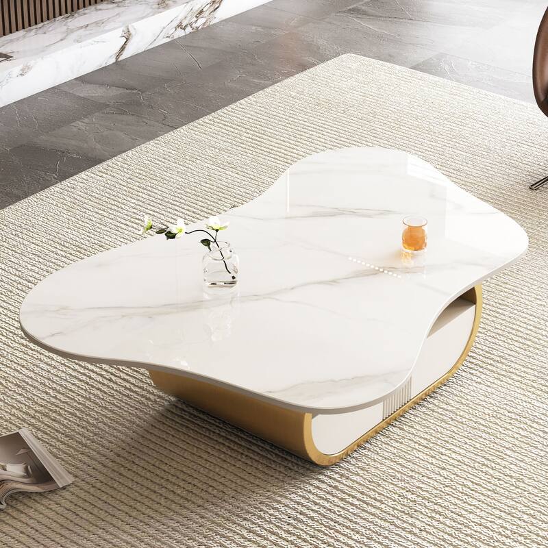 Modern Butterfly Coffee Table Oval Center Table with Sintered Stone Tabletop Storage Shelf and Drawer, for Living Room