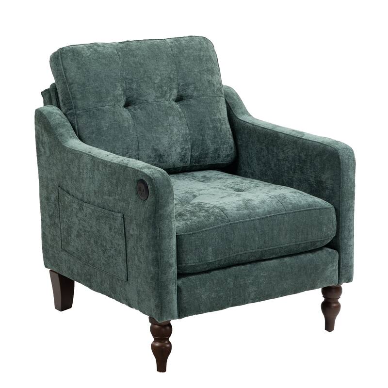 Chenille Accent Armchair, Upholstered Lounge Chair with USB Port, Single Sofa Chair with Wooden Legs & Side Storage