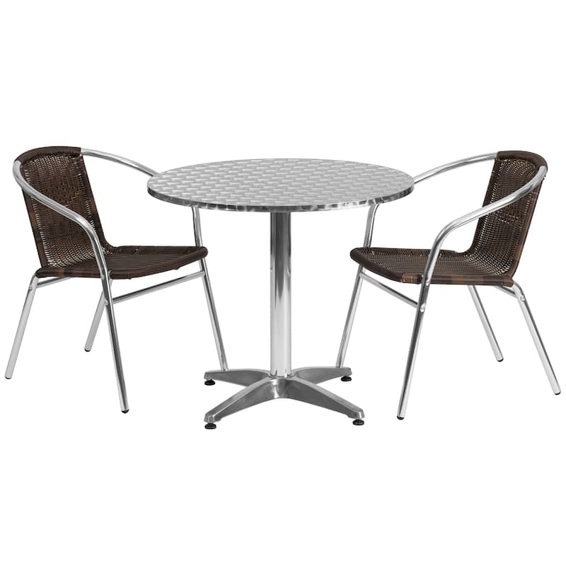 31.5'' Round Aluminum Indoor-Outdoor Table Set with 2 Rattan Chairs - Dark brown