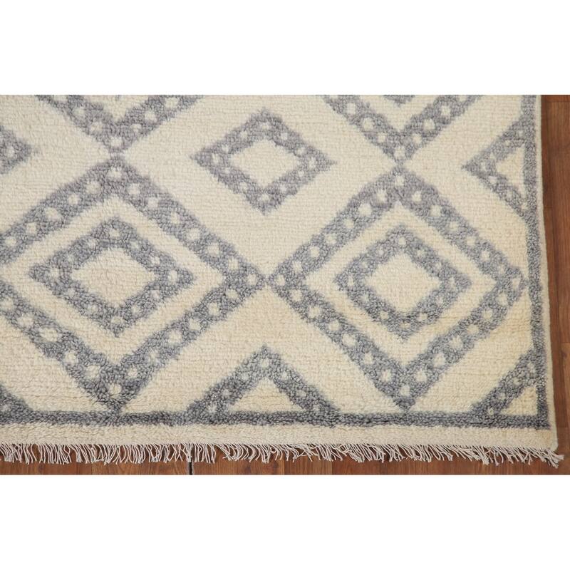 Hand Knotted Oriental 100% Wool Carpet Modern Geometric Beige & Ivories Moroccan Area Rug - 7' 8'' X 5' 3''