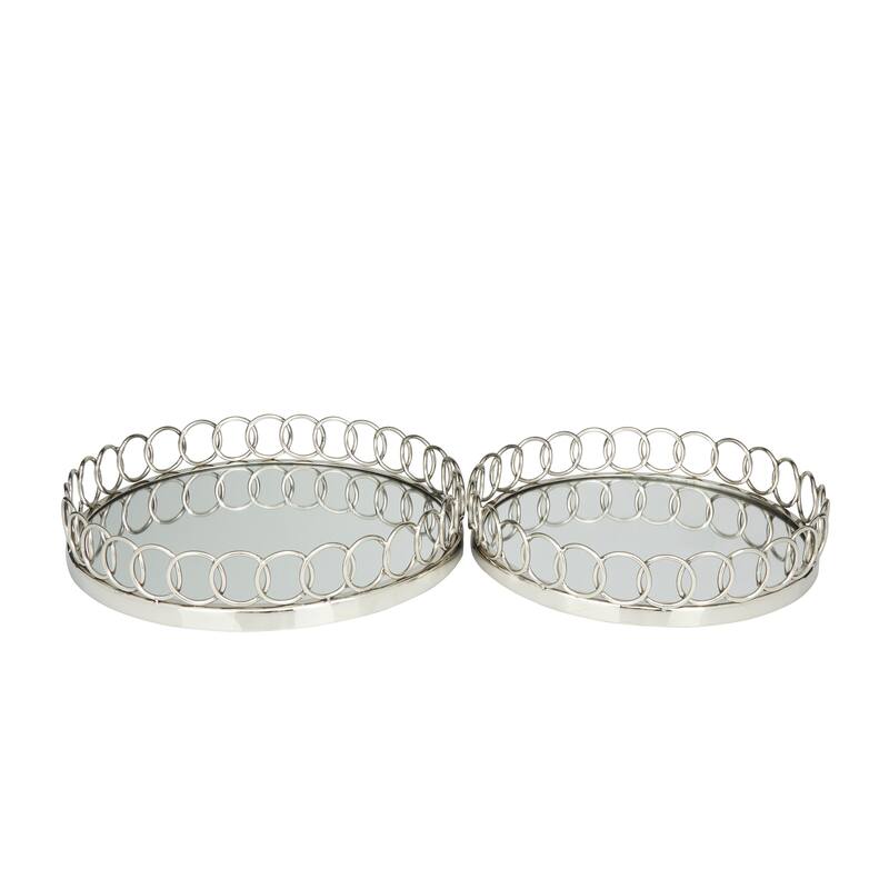 Silver Stainless Steel Metal Mirrored Tray with Circle Patterned Sides (Set of 2) - 16", 14"W