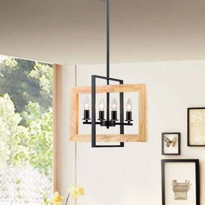 4 - Light Farmhouse Rectangle Black Iron and Wood Candle Chandelier