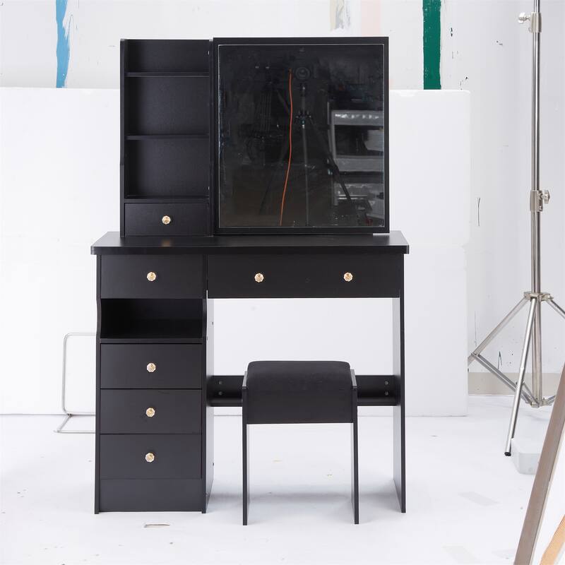 37" Mid-Size Left-Drawer Vanity Table with Cushioned Stool and Sliding Mirror - Black