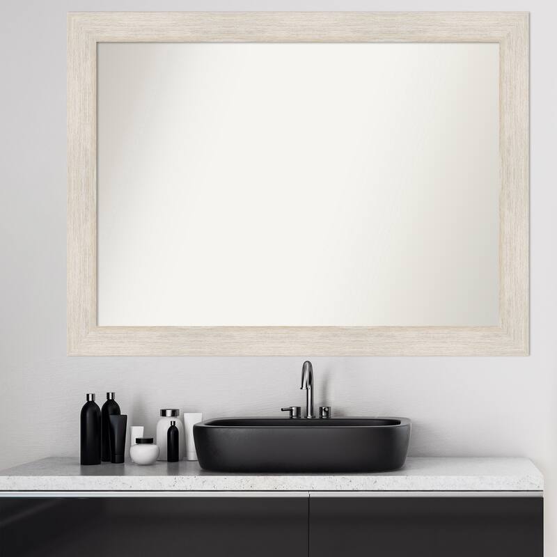 Non-Beveled Wood Bathroom Wall Mirror - Hardwood Whitewash Frame
