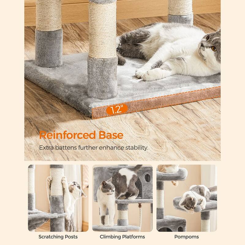 Grey Multi-Level Cat Tree with Sisal-Covered Scratching Posts and Hammock