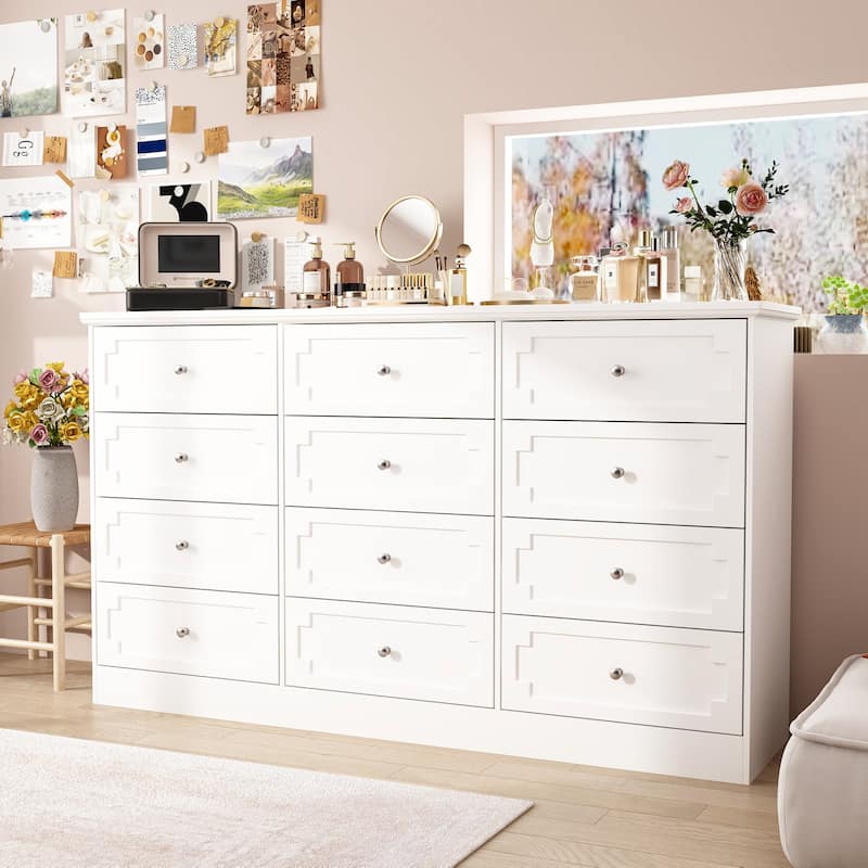 Modern 12-Drawer White Wooden Dresser for Bedroom and Living Room Storage