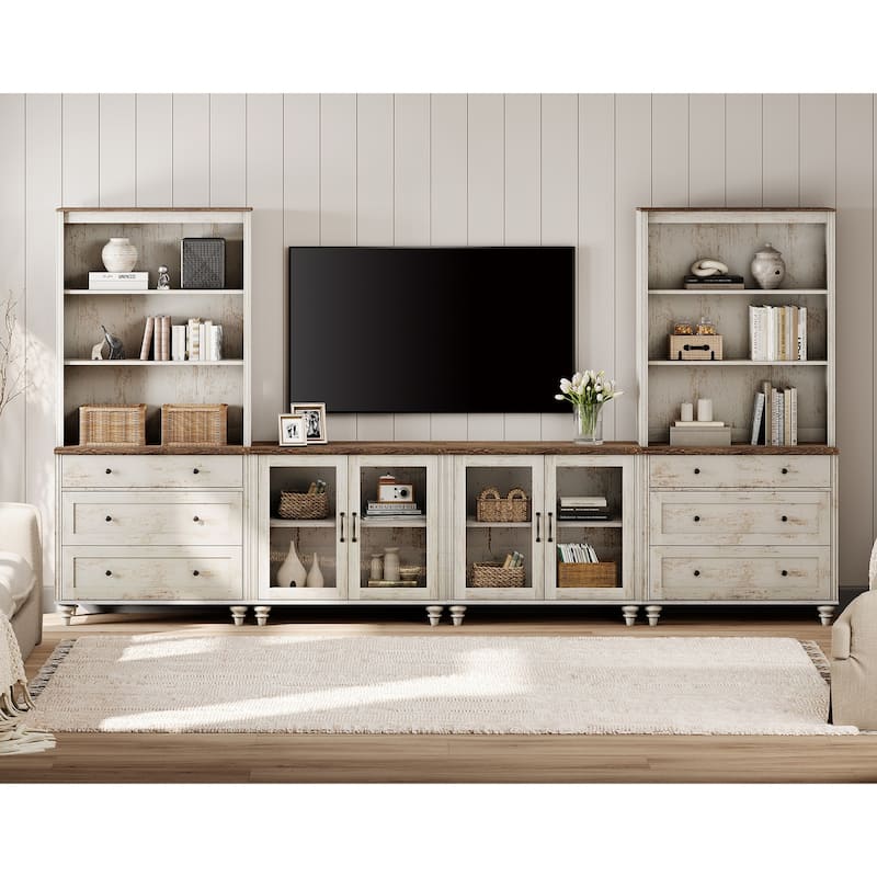 Rustic White Farmhouse TV Stand with Wooden Doors & Drawers - 4-Doors&6-Drawers