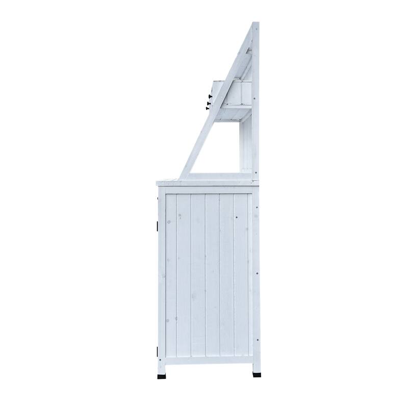 White Farmhouse Outdoor Potting Bench, Solid Fir Wood Gardening Table with Adjustable Shelves & Built-In Drawers