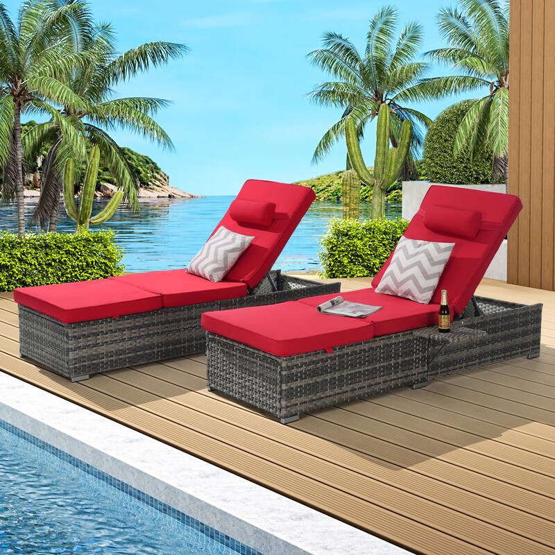 Outdoor Chaise Lounge Chair Set of 2 with Storage Patio Pool Chairs Tanning Lounges for Outside, Beach Rattan Recliners - Red