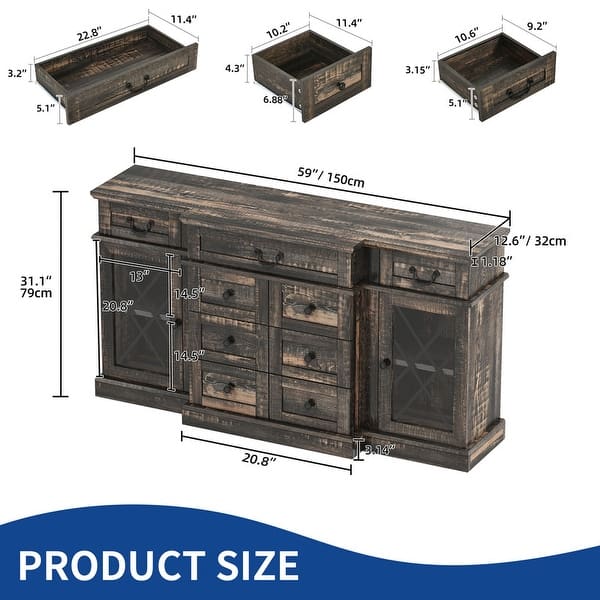 dimension image slide 2 of 3, Moasis 59" Farmhouse Coffee Bar Cabinet Buffet Cabinet Sideboard Cabinet With 9 Drawers & Adjustable Shelving