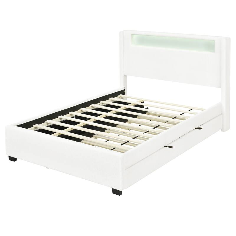 HomeRoots White Tufted Boucle Lighted Full Bed Frame With Trundle And USB And Drawers