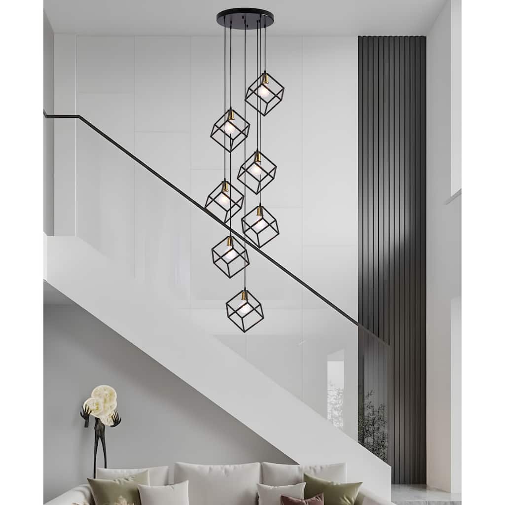 Geometric Pendant Chandelier for Stairway / Staircase, Adjustable Height 5 or 7 Light Cluster