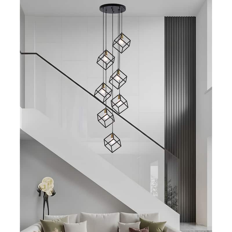 Geometric Pendant Chandelier for Stairway / Staircase, Adjustable Height 5 or 7 Light Cluster