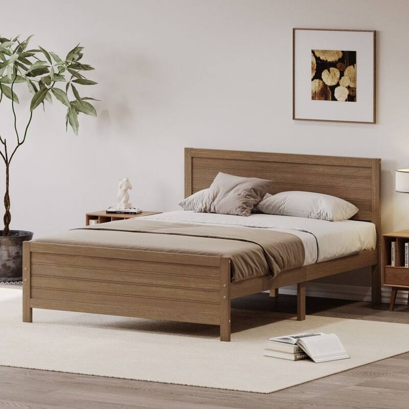 Wood Platform Bed Frame with Headboard, Mattress Foundation - Walnut