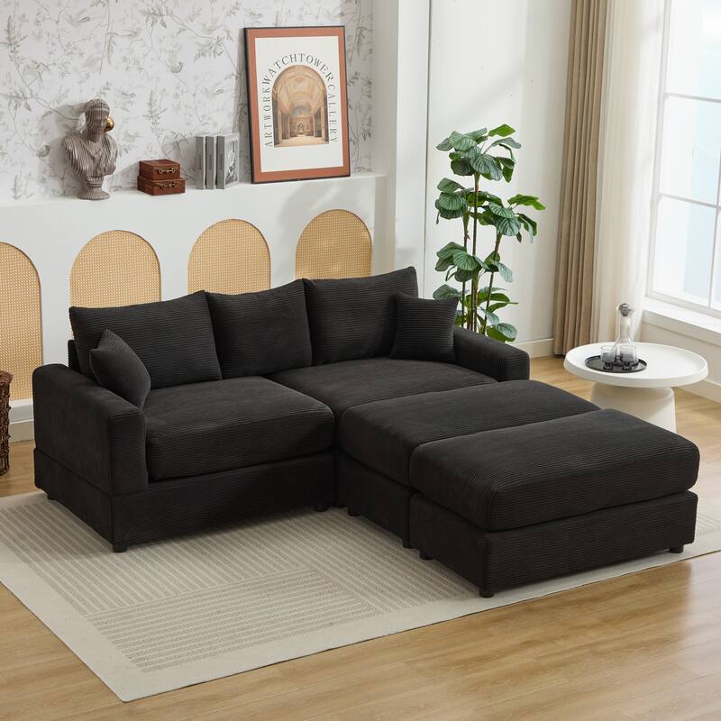 2 Pieces Corduroy Sectional Couch Cushion Covers with 2 Pillows, Black