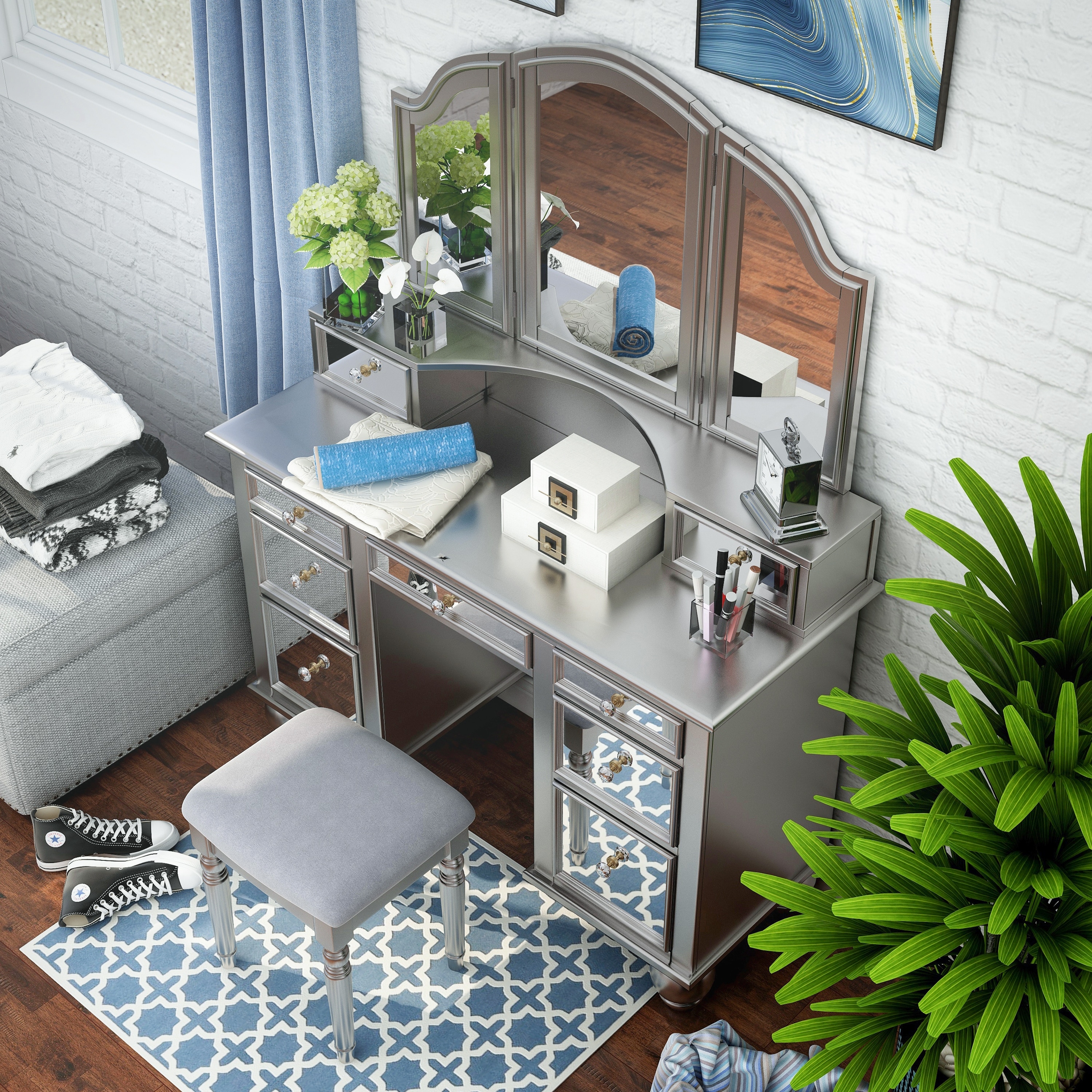 Furniture of America Nena Glam Wood 3-Piece Makeup Vanity