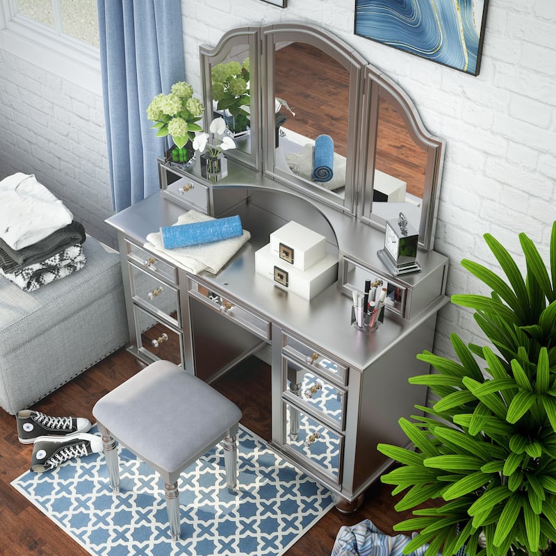 Furniture of America Nena Glam Wood 3-Piece Makeup Vanity Set with Tri-fold Mirror