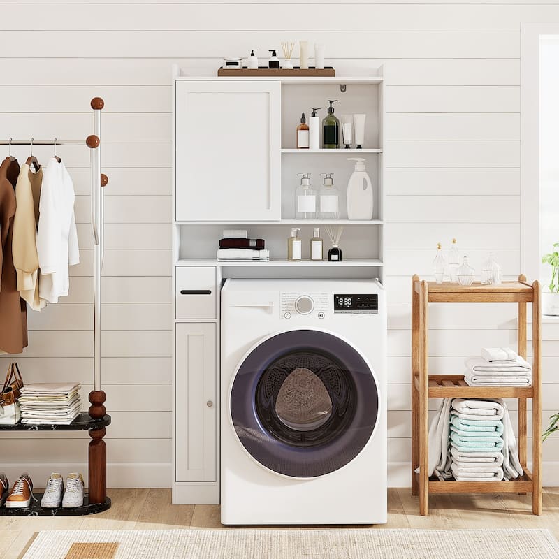 White MDF Over-the-Toilet Storage Cabinet with Sliding Door Adjustable Shelves and Toilet Paper Holder - 32.5" x 10" x 67.5"