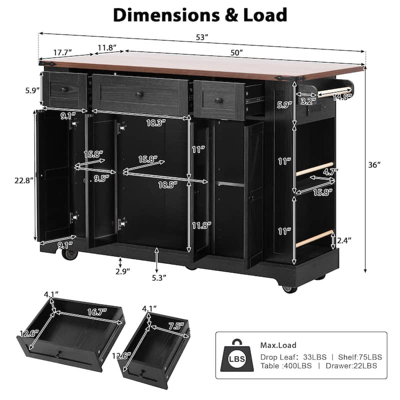 53'' Kitchen Island with Two Tempered Glass Cabinet Doors, Rolling Kitchen Cart on Wheels with Drop Leaf, Power Outlet