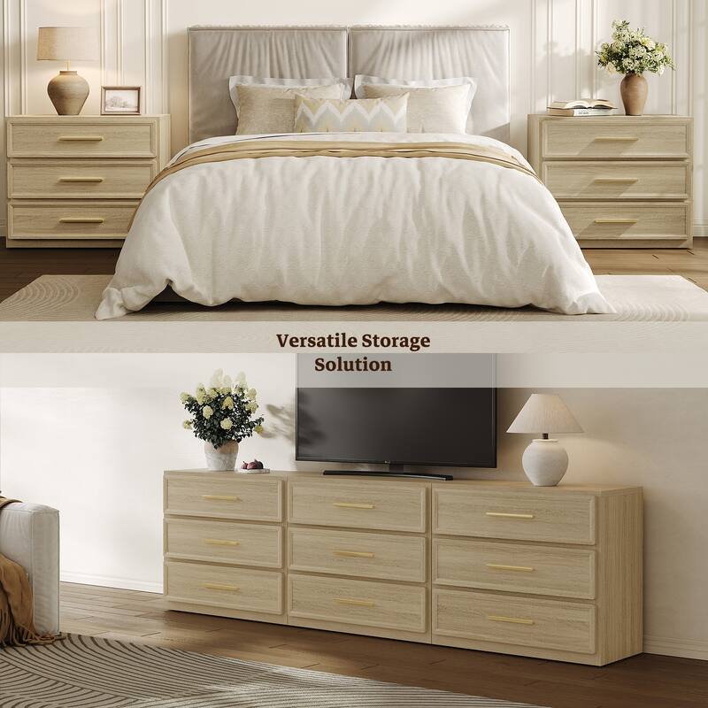 Gold-Accent 3-Drawer Nightstand: Multi-Use for Bedrooms, Guest Rooms & Dressers