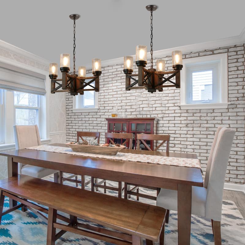 Anmytek Modern Farmhouse 4-Light Wood Wagon Wheel Chandelier Glass Pendant Lights for Dining Room - 22.8" D x 14" H