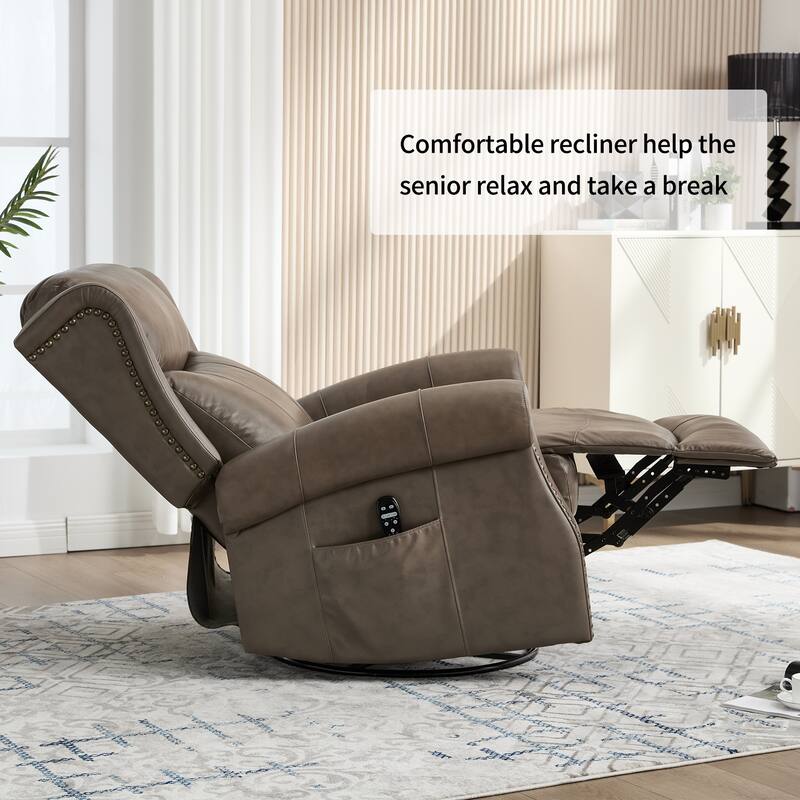 Manual Recliner Chair with Heat & Massage, Genuine Leather Swivel Recliner Chair, Lounge Sofa Chair with Side Pockets