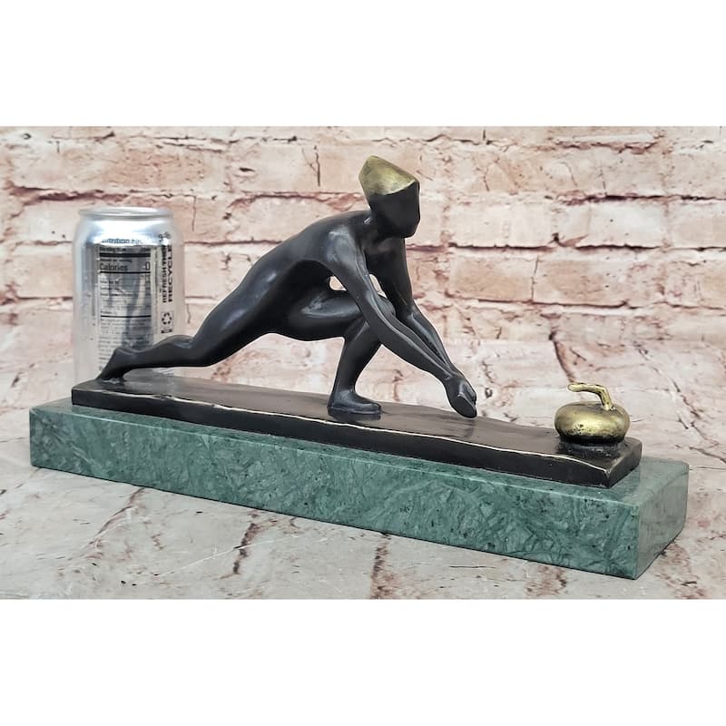 Bronze Curling Player Sculpture – Sports Themed Artwork On Marble Base